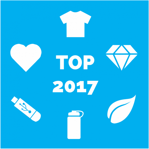 TOP kategorije promocijskih izdelkov v letu 2017 so: tehnologija, šport & zdravje, tekstil, pripomočki za pitje, izdelki večje vrednosti in okolju prijazni izdelki.